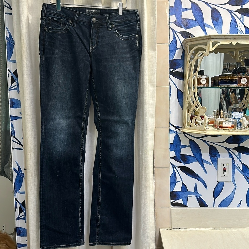 Men’s Silver Aiko Boot Cut Denim Jeans Dark Wash Stretch Size 30 x 33